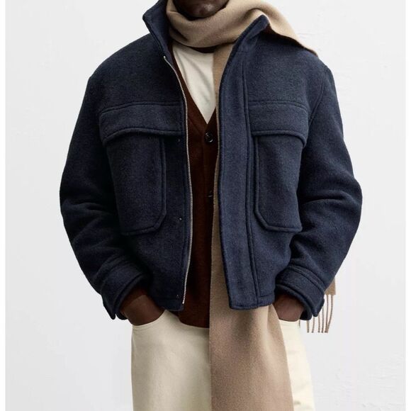 Zara Men's BOUCLÉ TEXTURED JACKET Blue Lapel Collar - Strap Cuffs Size US S New - Picture 5 of 13